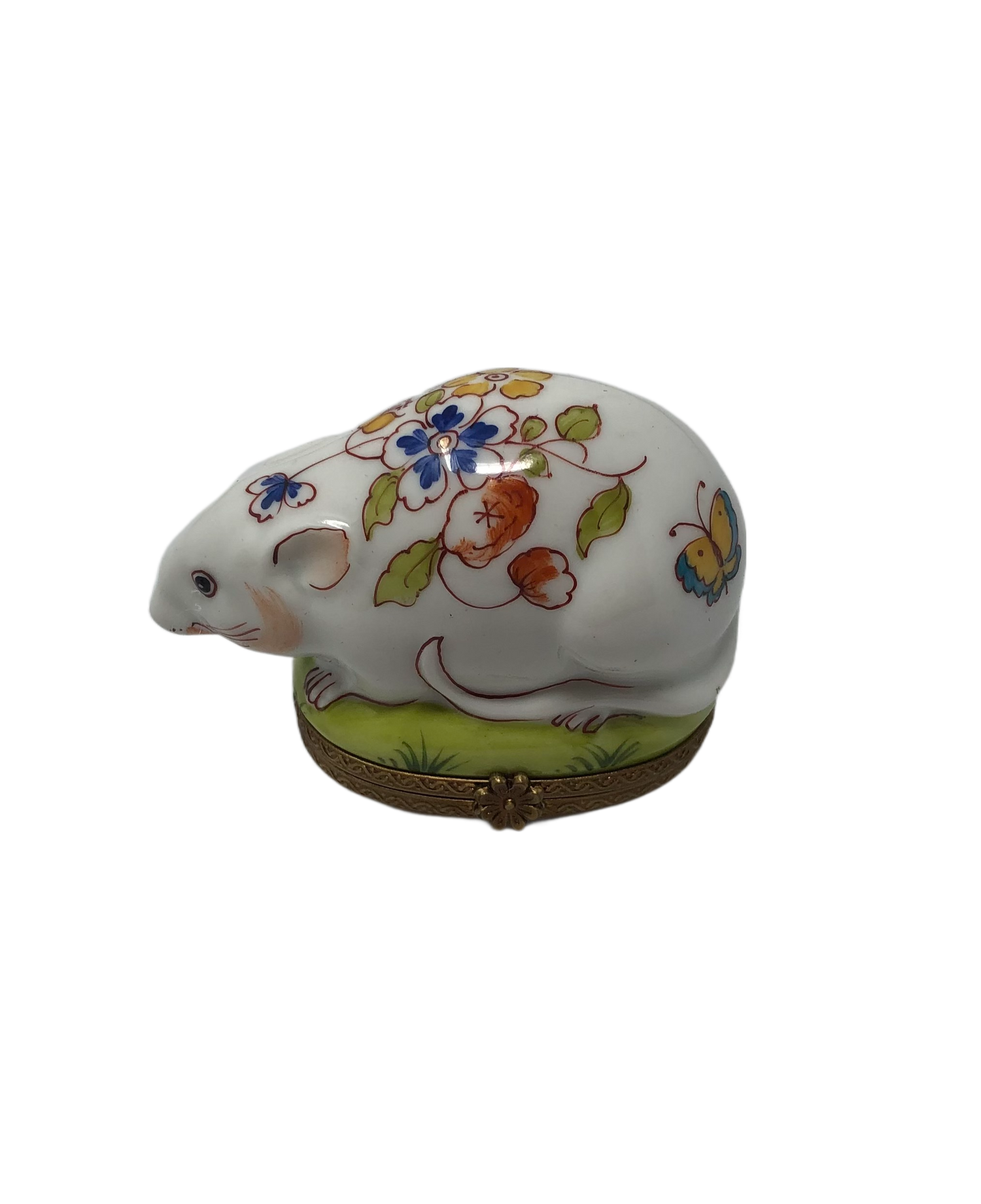 Floral Whiskers - Hand-Painted Limoges Box with White Rat and Blossoms