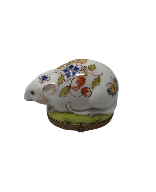 Floral Whiskers - Hand-Painted Limoges Box with White Rat and Blossoms