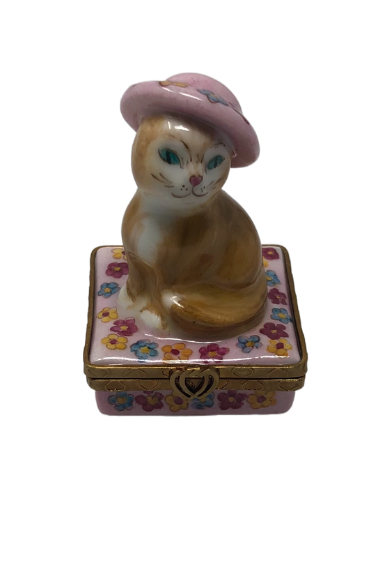 Purr-fectly Chic - Limoges Box with Orange Cat and Pink Hat