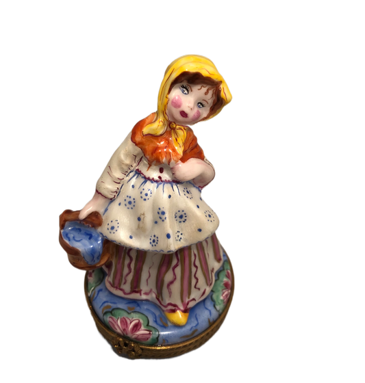 Whimsical Charm: Hand-Painted Limoges Keepsake Box - Yellow Hooded Girl in a Vintage Countryside Scene