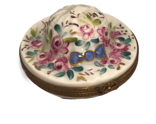 Blooming Elegance: Hand-Painted White Hat Limoges Keepsake Box - Pink Floral Delight with a Touch of Blue