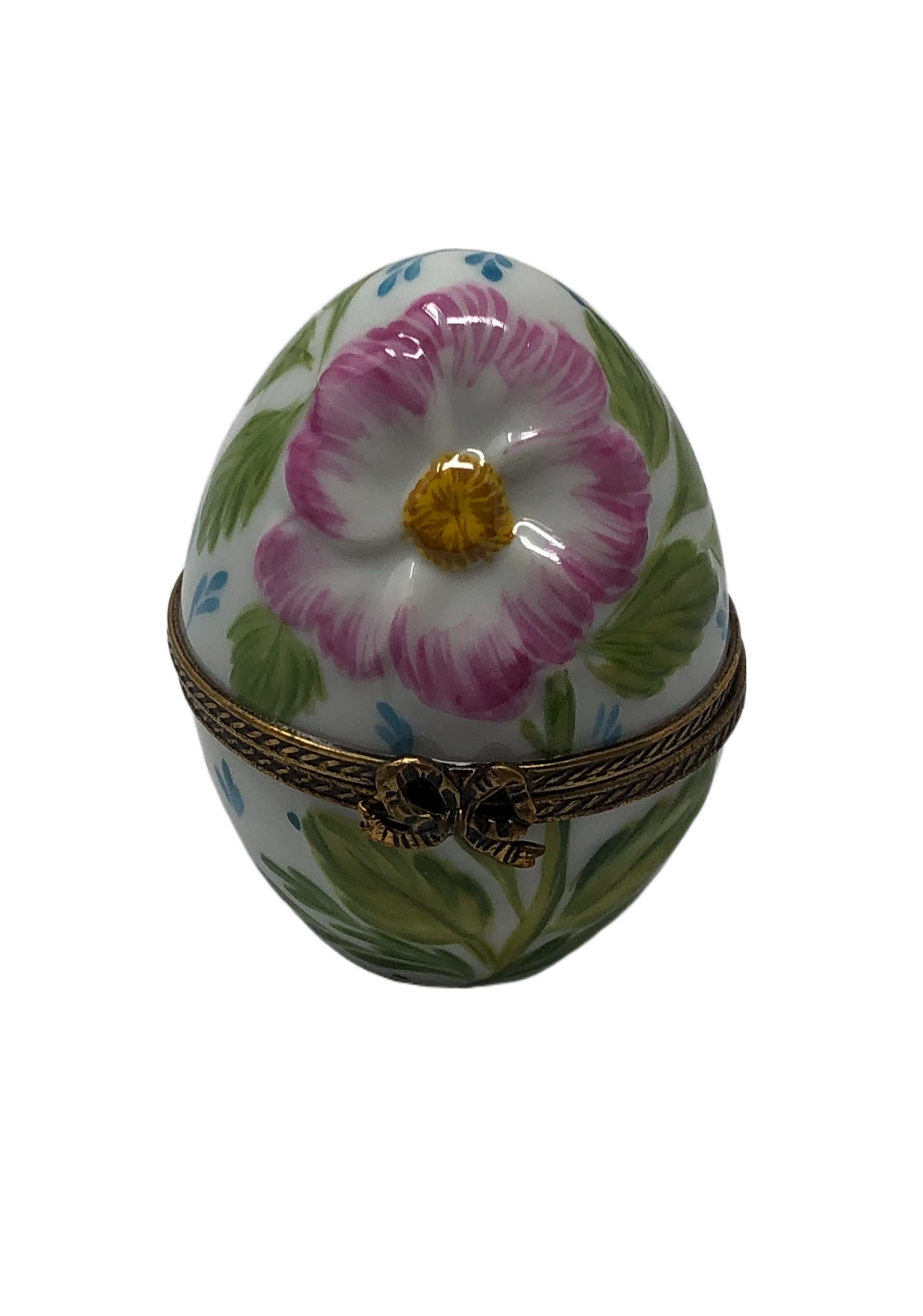 Blooming Elegance - Limoges Box with White Egg, Green Leaves, and Pink Flower
