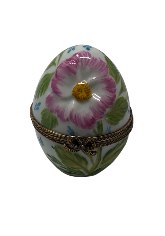 Blooming Elegance - Limoges Box with White Egg, Green Leaves, and Pink Flower