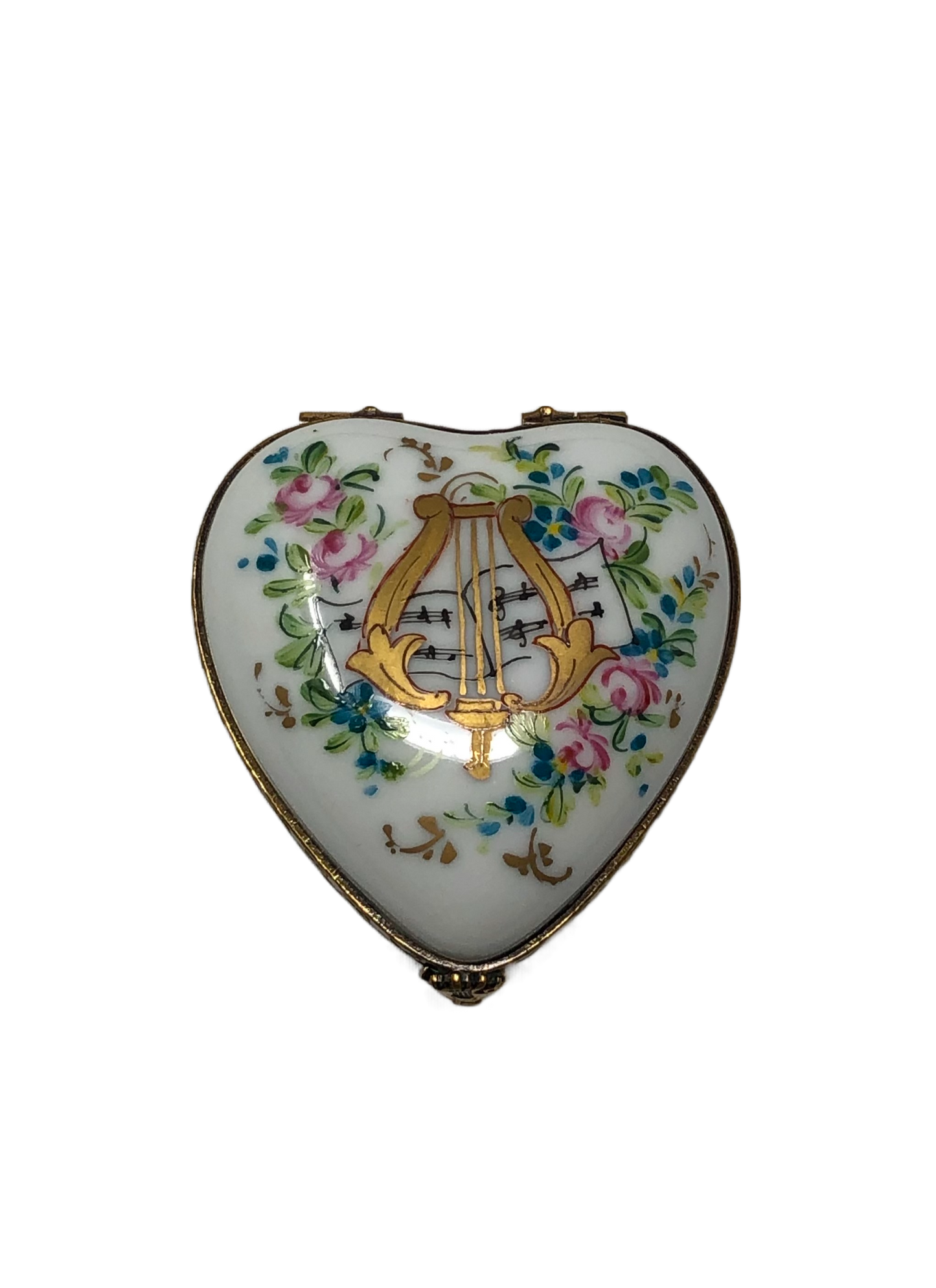 Floral Serenade - Limoges Box: White Heart with Assorted Flowers and Golden Lyre
