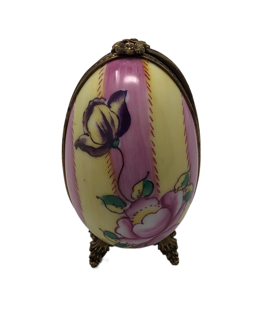 Blooming Stripes - Limoges Box: Pink and Yellow Striped Egg with Delicate Flower