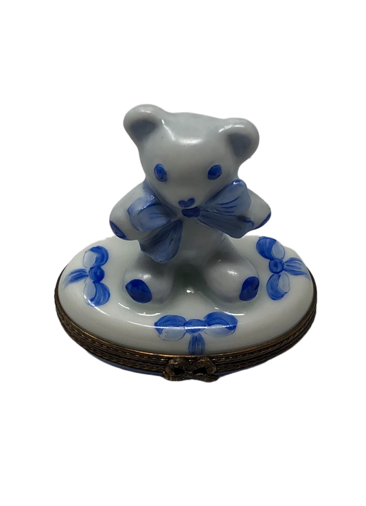 Buttoned Bliss - Limoges Box: White Teddy Bear with Blue Buttons