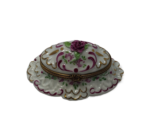 Elegant Blooms - Limoges Box: White Floral Centerpiece with Gold and Purple Accents