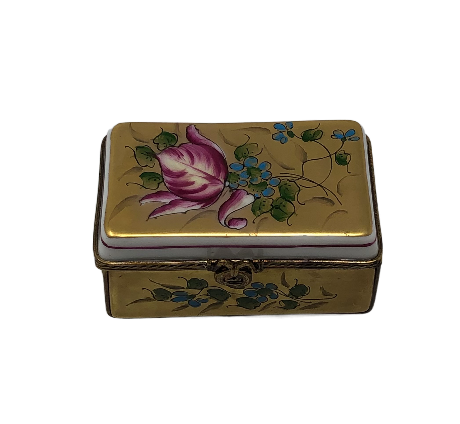 Floral Elegance - Limoges Box: Golden Treasure Adorned with Blue and Pink Flowers