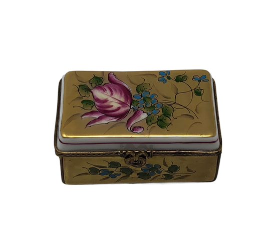 Floral Elegance - Limoges Box: Golden Treasure Adorned with Blue and Pink Flowers