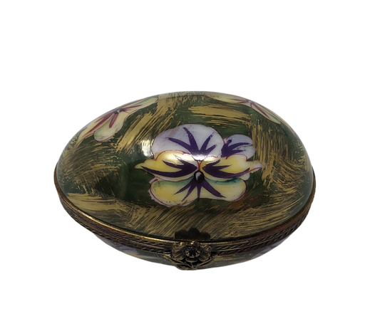 Enchanting Meadow: Green Egg Limoges Box with Floral Delight