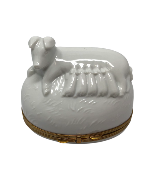 Nurturing Love: Hand-Painted Mother Pig and Piglets Limoges Box