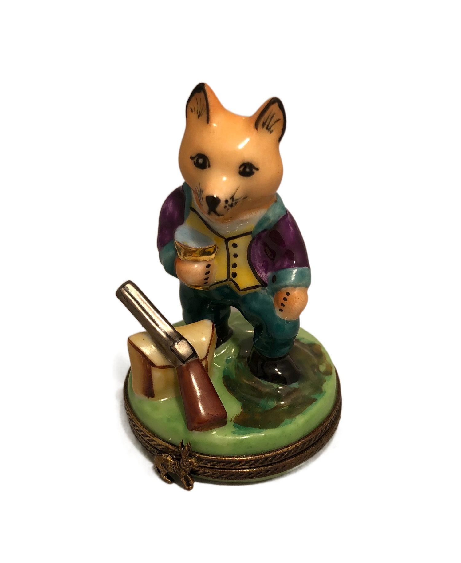 Fox's Tranquil Interlude: Hand-Painted Limoges Box with Fox Savoring a Refreshing Drink