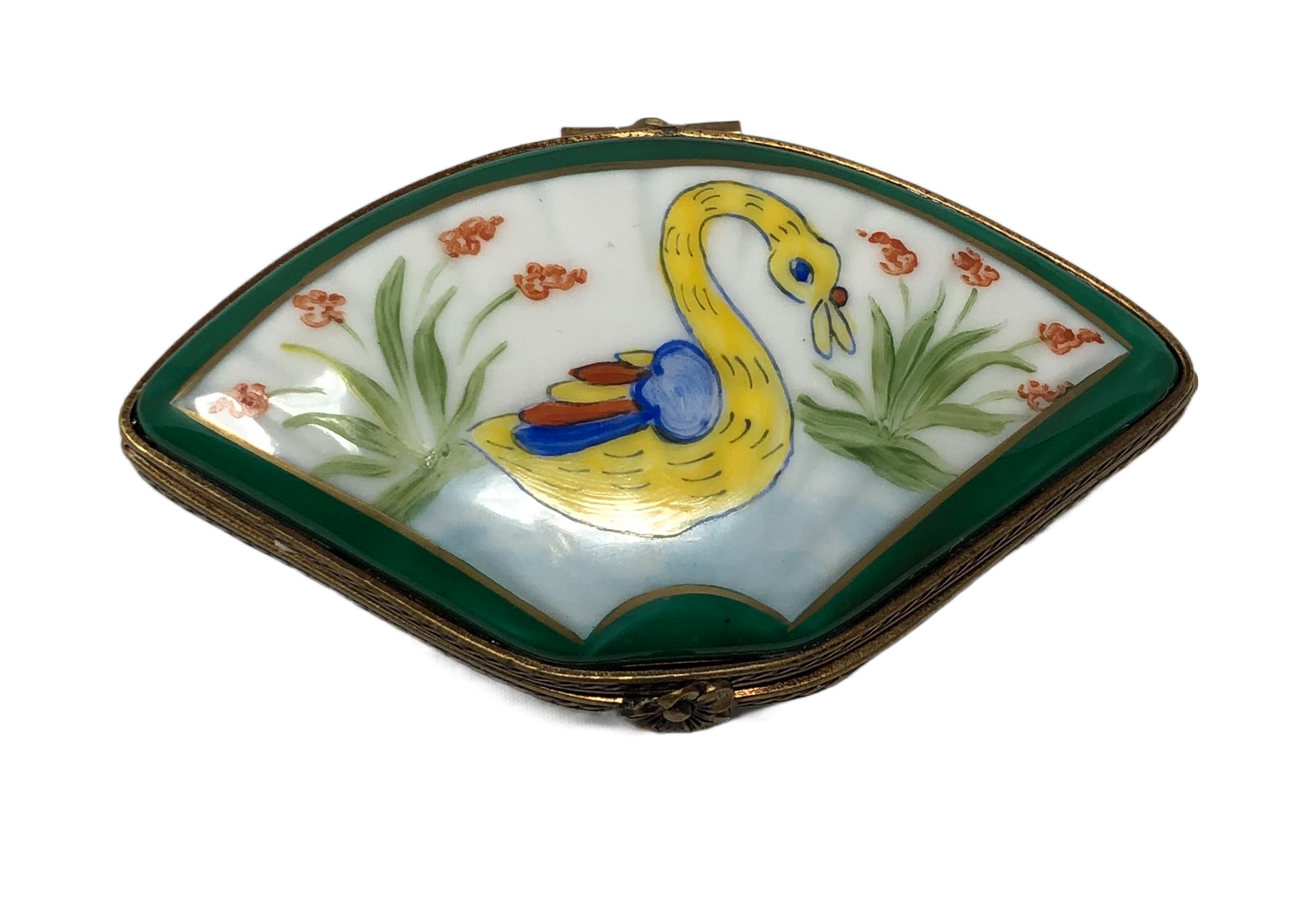 Swan Serenade: Artistic Fan-Shaped Limoges Box