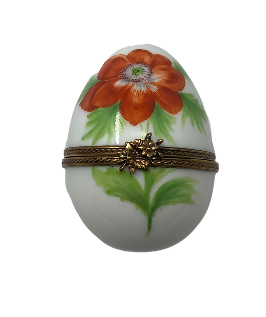 Blooming Elegance: White Egg Limoges Box with Intricate Red Flower