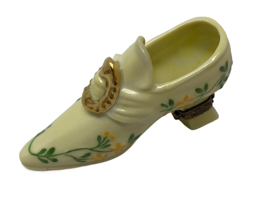 Soleful Elegance: Yellow Woman's Shoe Limoges Box with Floral Accents