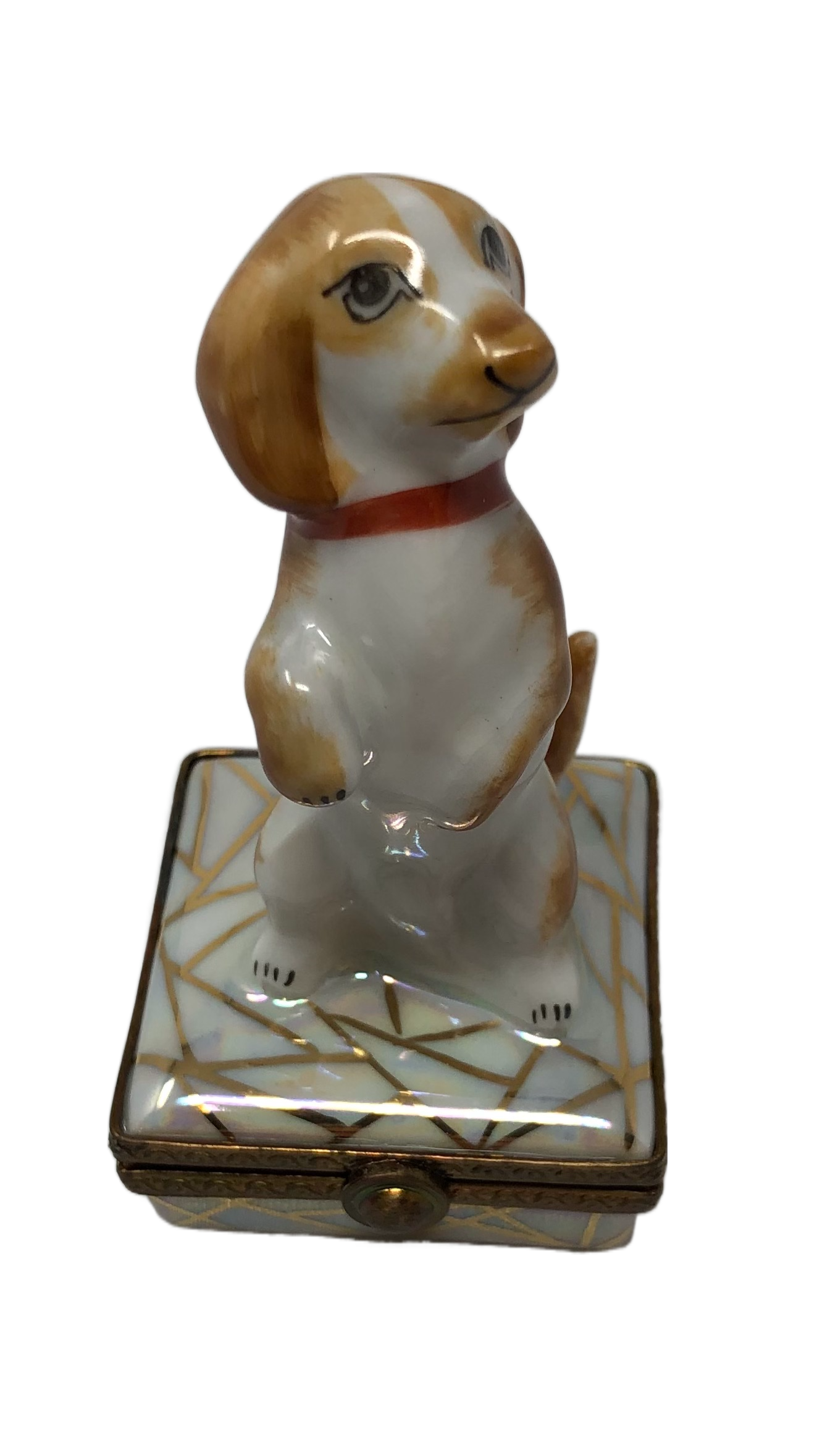 Beguiling Basset: Limoges Box in the Shape of a Begal with a Red Collar