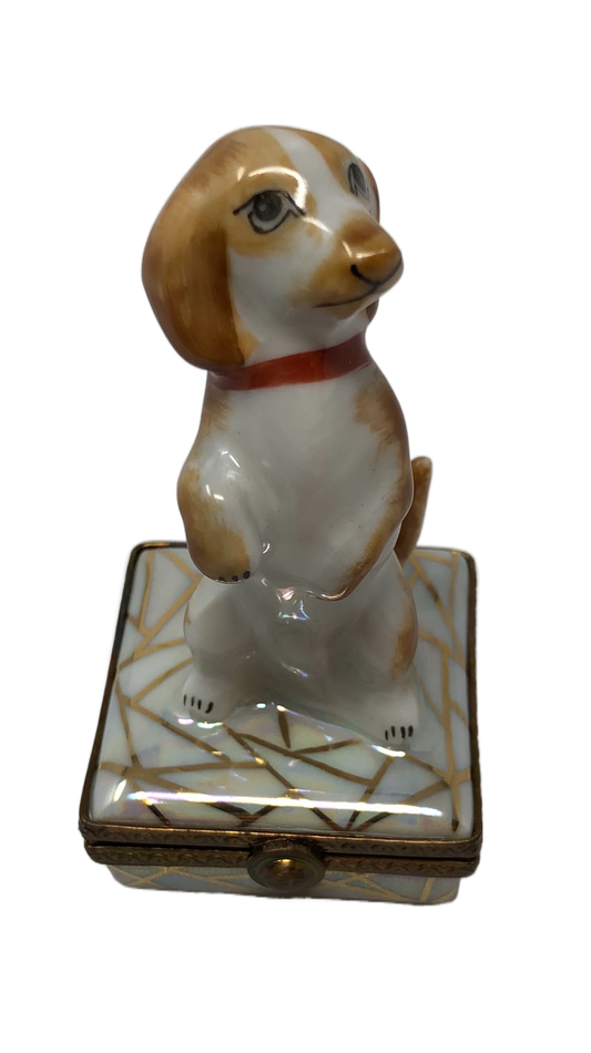 Beguiling Basset: Limoges Box in the Shape of a Begal with a Red Collar