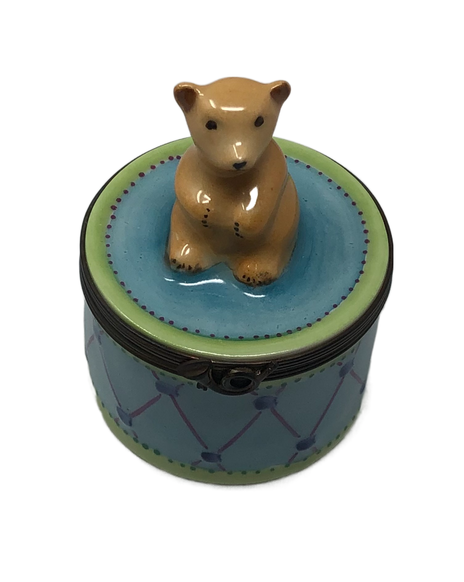 Rhythmic Melodies: Bear on Blue & Green Snare Drum Limoges Box