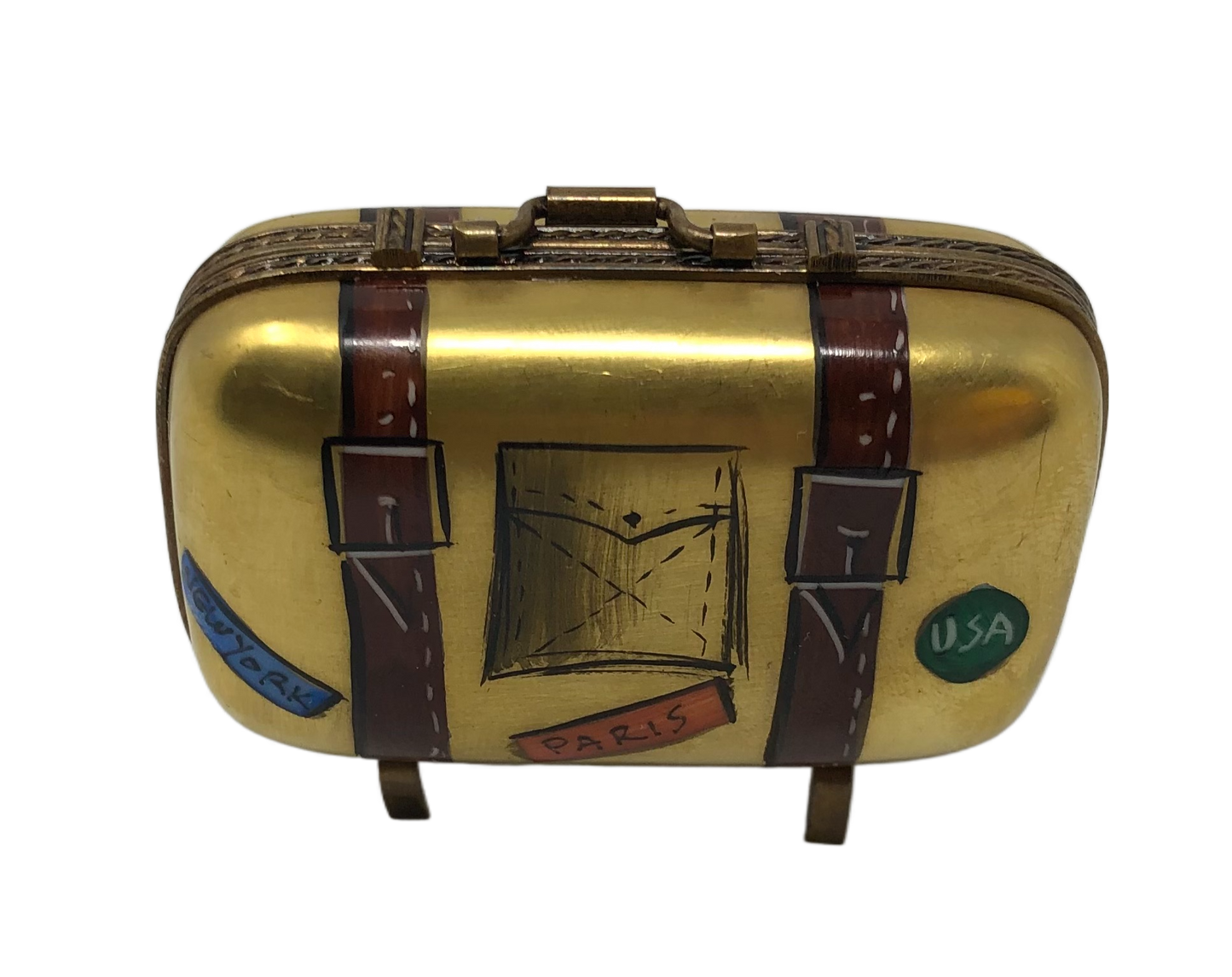 Globetrotter's Delight: Golden Suitcase Limoges Box