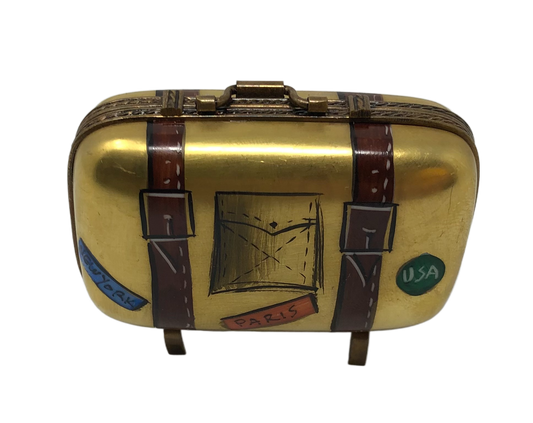 Globetrotter's Delight: Golden Suitcase Limoges Box