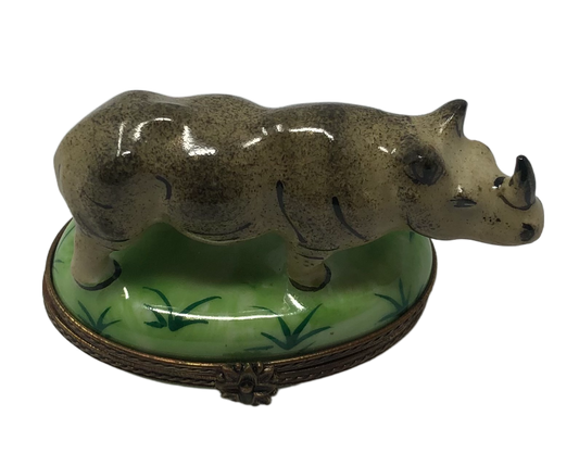 Safari Serenity: Handcrafted Limoges Box with Rhinoceros in Tall Grass