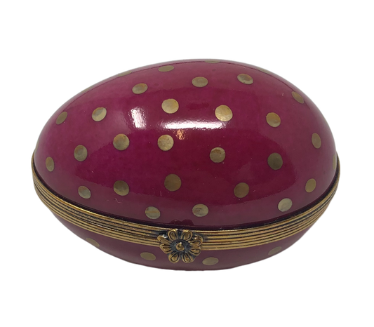 Dazzling Delights: Limoges Box - Maroon Egg with Golden Polka Dots