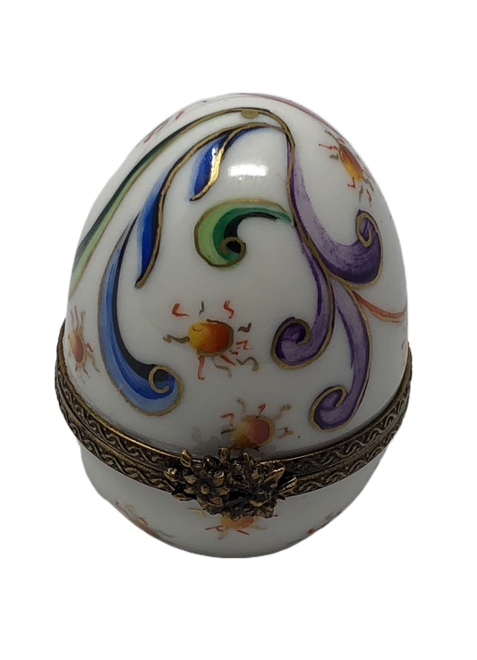 Whimsical Delight: White Egg Limoges Box with Vibrant Filigree
