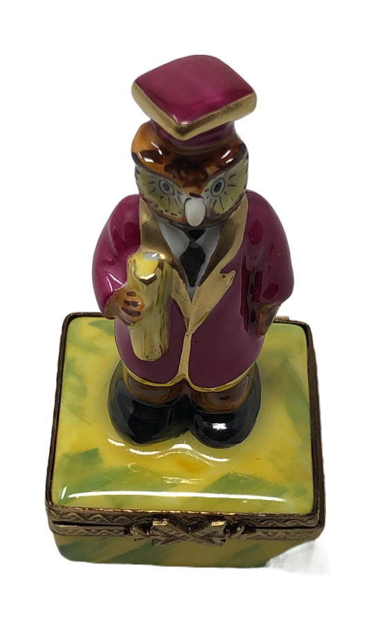 Wise Scholar: Maroon-robed Owl with Diploma Limoges Box
