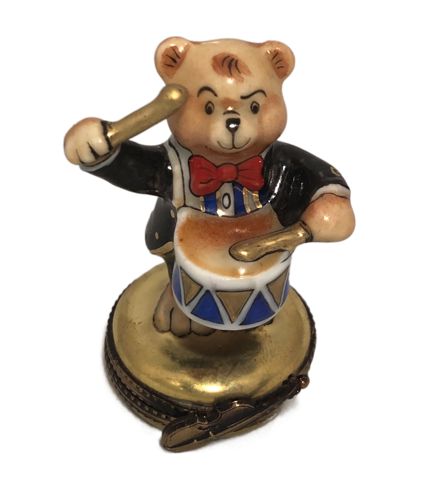 Enchanting Melodies: Hand-Painted Limoges Teddy Bear Drummer Keepsake Box - A Symphony of Cuteness