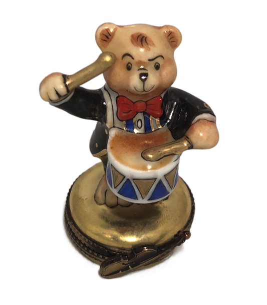 Enchanting Melodies: Hand-Painted Limoges Teddy Bear Drummer Keepsake Box - A Symphony of Cuteness