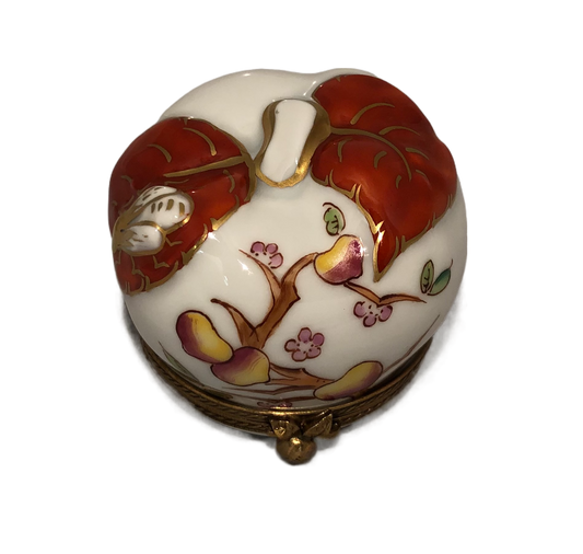 Ripe Delights: Hand-Painted Limoges Box - White Peach with Red Leaves