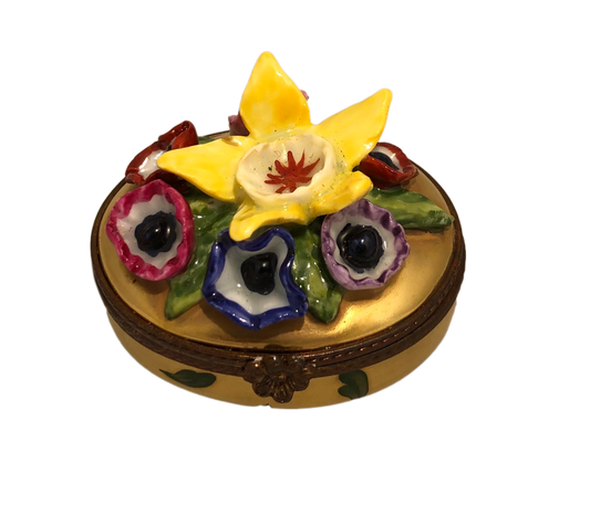 Golden Blooms: Hand-Painted Limoges Box with Open Yellow Flower and Colorful Surrounding Florals