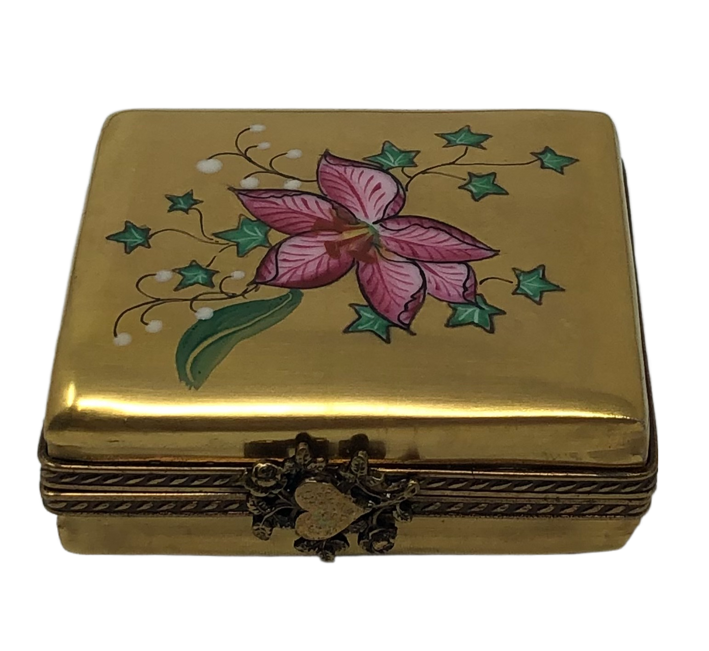 Gilded Petals: Golden Box with Pink Flower Limoges Box