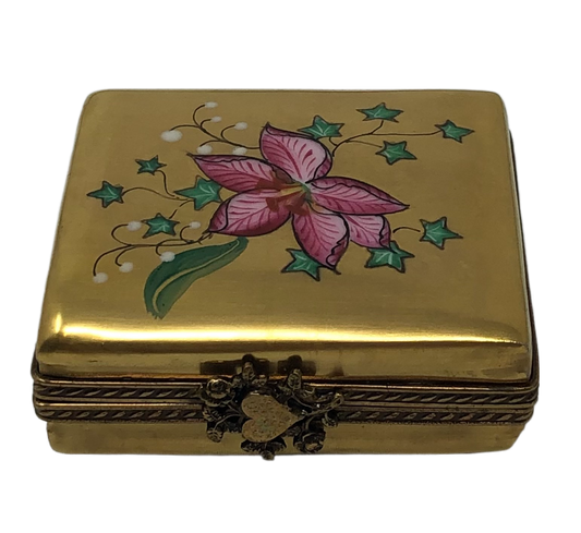 Gilded Petals: Golden Box with Pink Flower Limoges Box