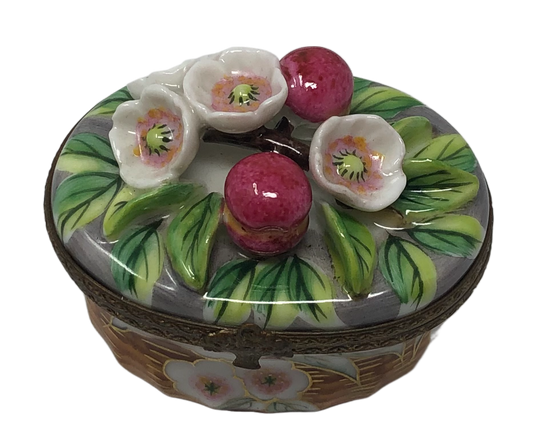Enchanted Garden: Oval Limoges Box with Delicate White Flowers