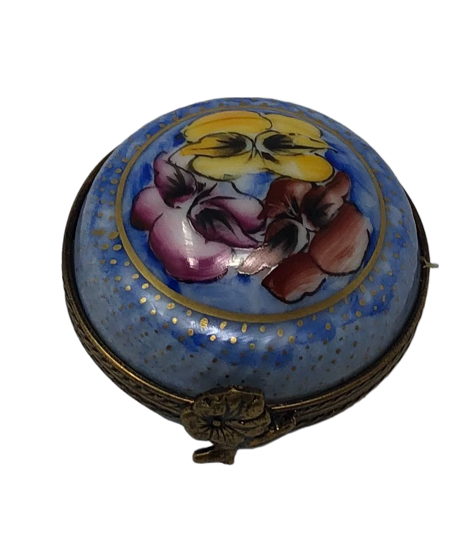 Tranquil Blooms: Blue Circular Limoges Box with Three Vibrant Flowers