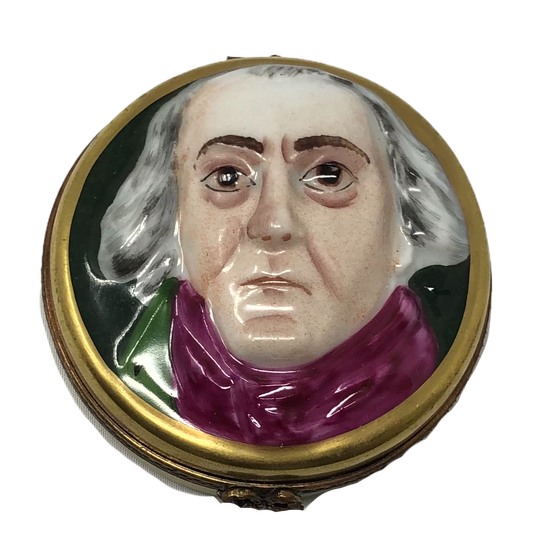 Colonial Elegance: Circular Golden Limoges Box with a Regal Portrait