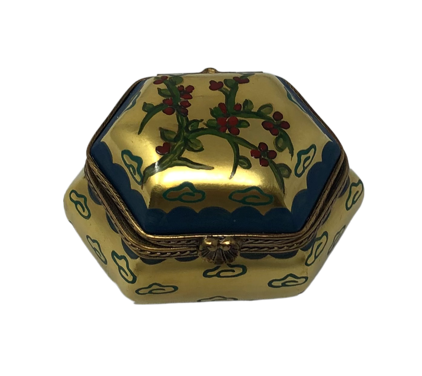 Gilded Holly: Hexagonal Golden Limoges Box with Blue Accents – Limoges ...