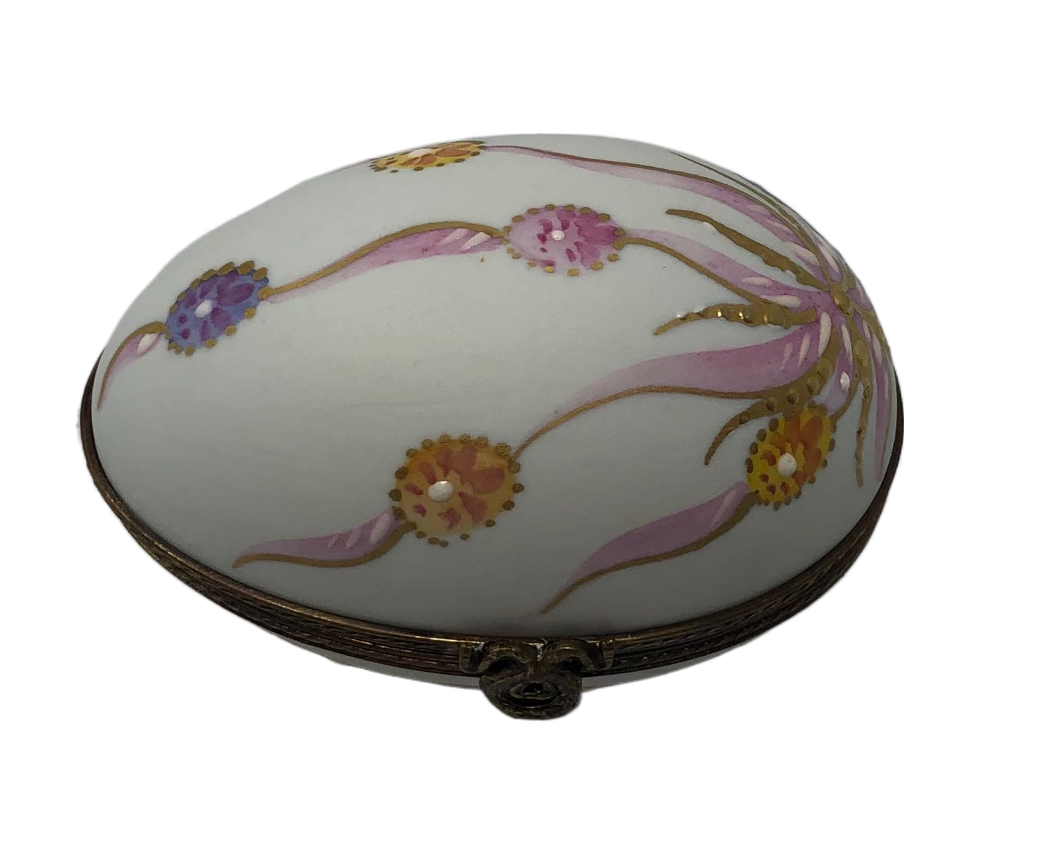 Whimsical Blooms: Matt White Egg Limoges Box with Pink Frills