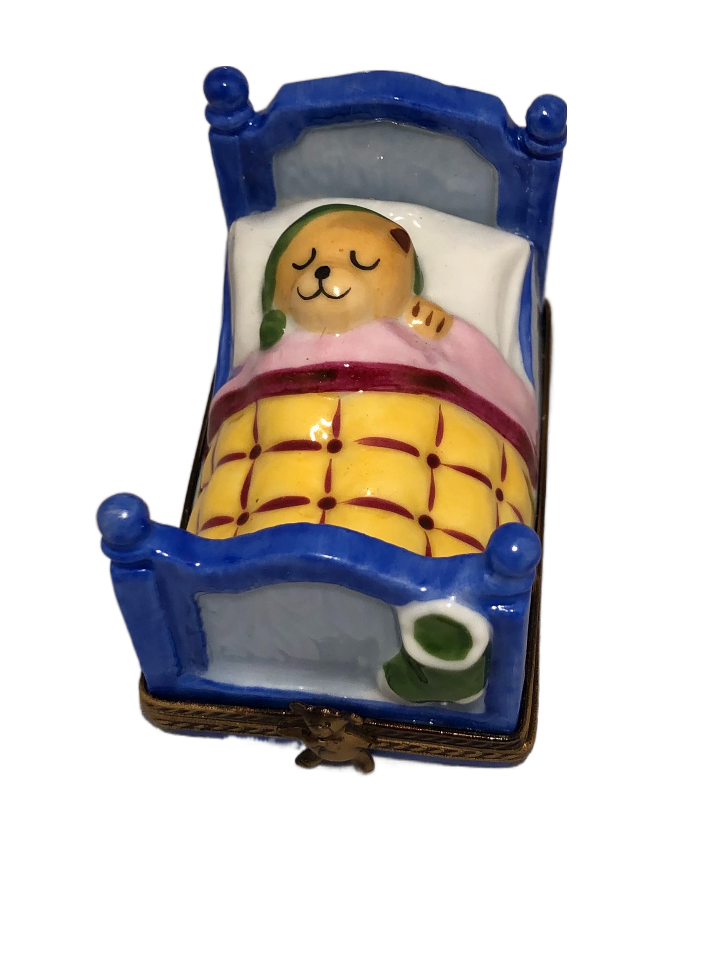 Sleepy Bear in Blue Bed: Hand-Painted Limoges Box