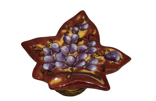 Vibrant Vineyard: Hand-Painted Limoges Box with Red Leaf and Grape Design