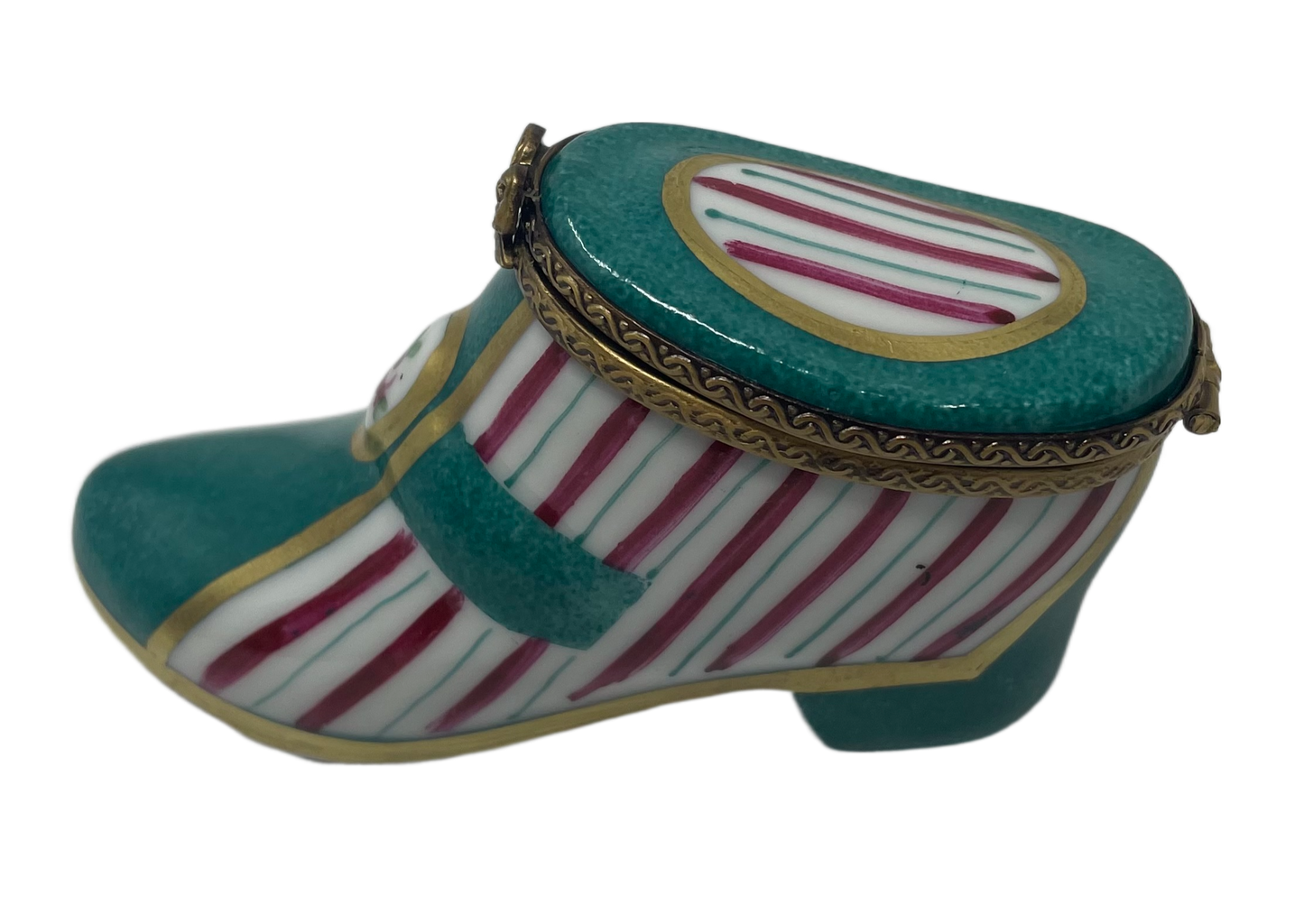 Elegance in Stripes: Teal Woman's Shoe Limoges Box