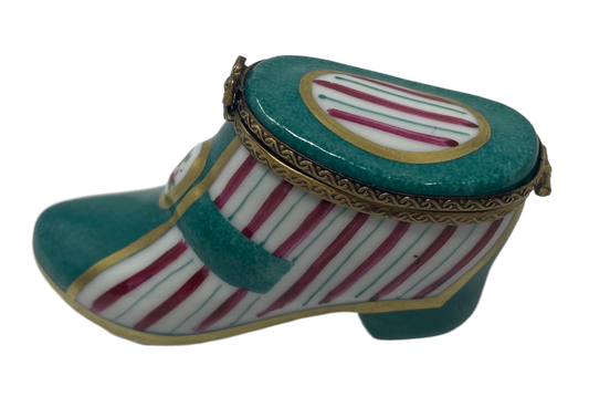 Elegance in Stripes: Teal Woman's Shoe Limoges Box