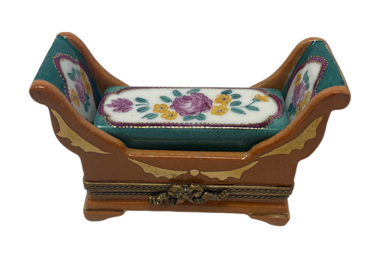 Tranquil Oasis: Brown and Teal Floral Resting Bench Limoges Box