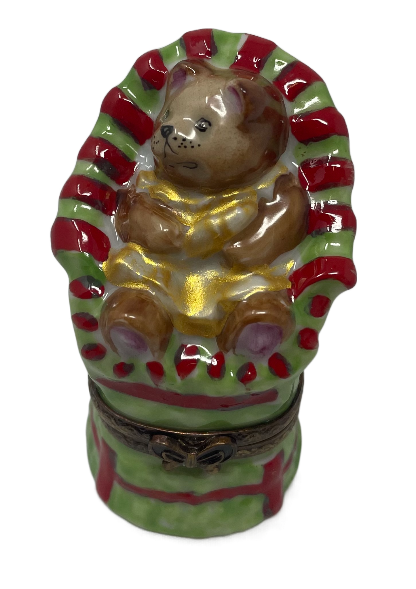 Sweet Moments: Baby Teddy Bear in Green and Red High Chair Limoges Box