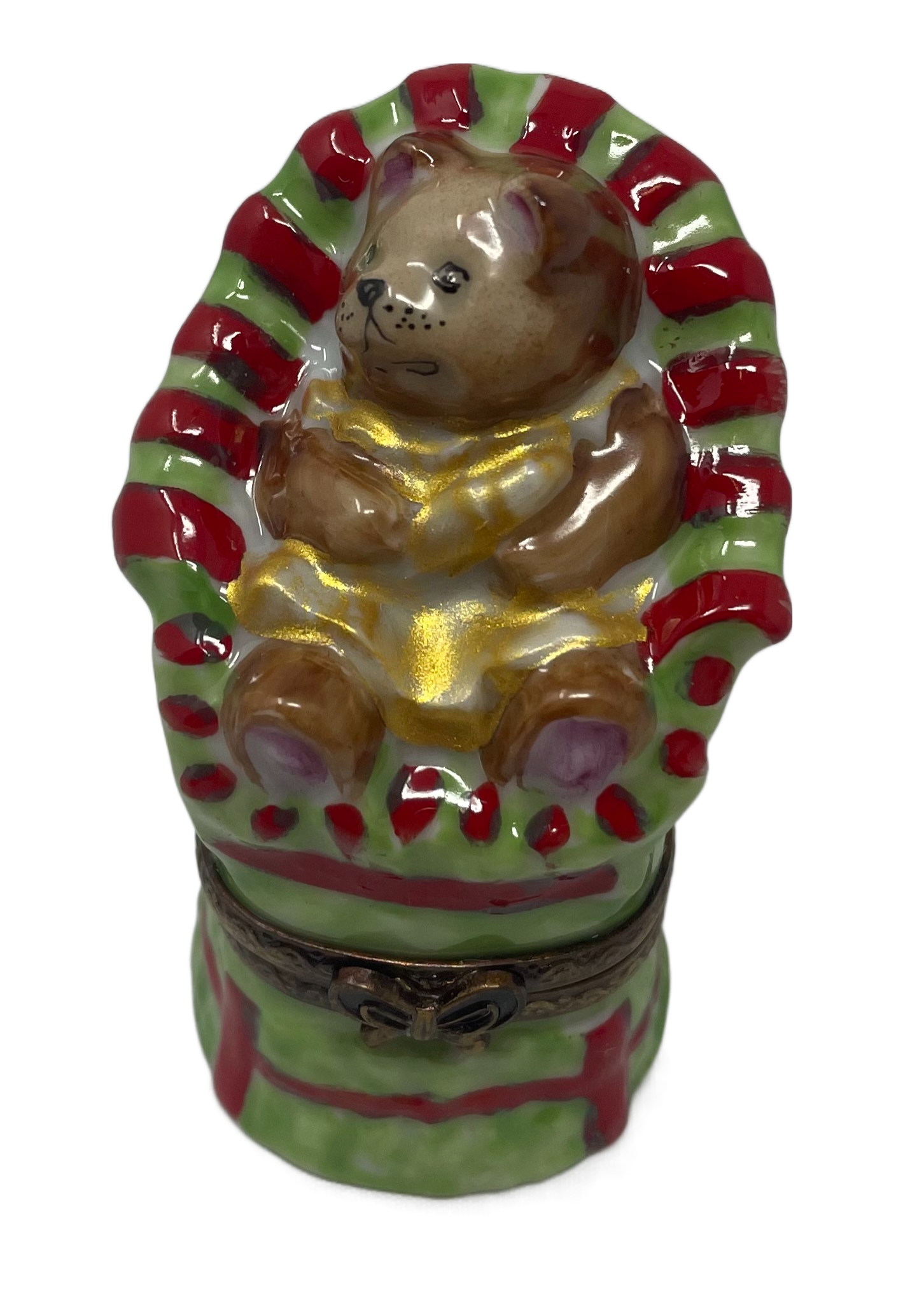 Sweet Moments: Baby Teddy Bear in Green and Red High Chair Limoges Box