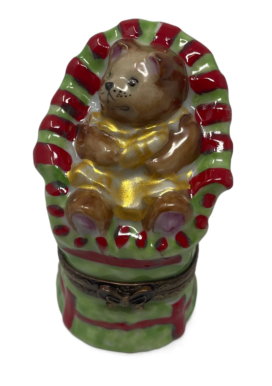 Sweet Moments: Baby Teddy Bear in Green and Red High Chair Limoges Box