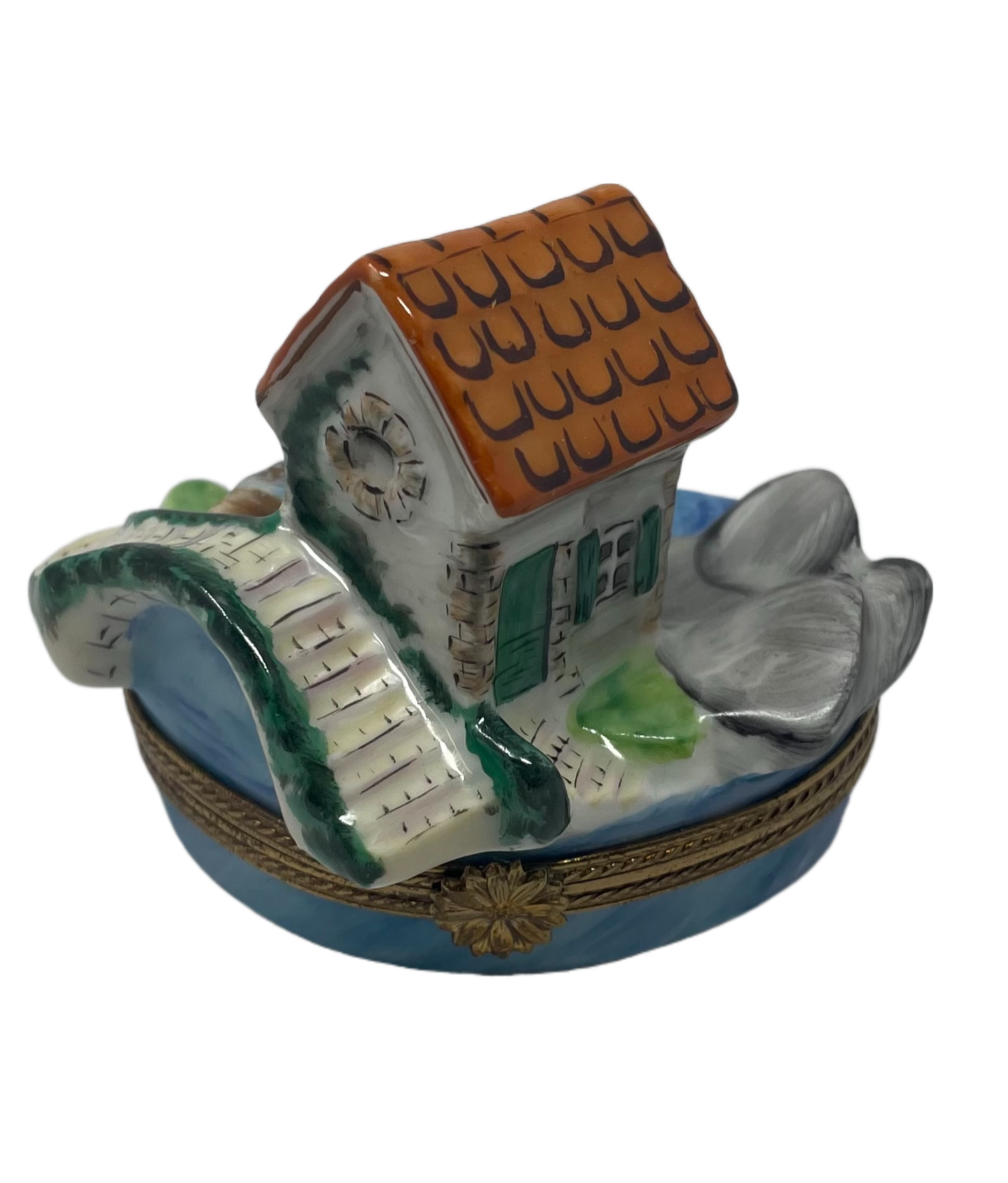 Enchanted Stone Haven: Limoges Box with Scenic Stone House and Bridge