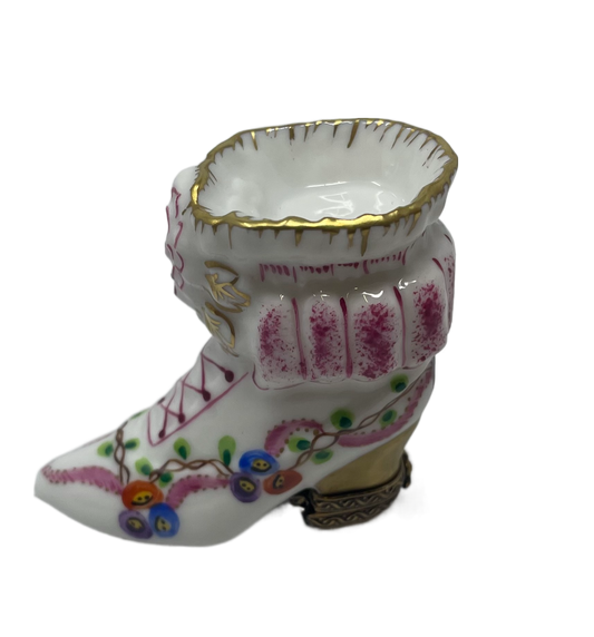 Blooming Elegance: Limoges Box in the Shape of a Floral High Top Shoe