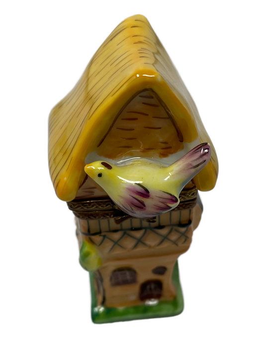 Tick-Tock Sunshine: Limoges Box of a Tall Yellow House Cuckoo Clock